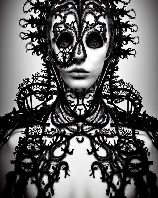 Image similar to surreal dark black and white photo portrait of complex bio-mechanical beautiful young female vegetal-cyborg with a Mandelbrot fractal steampunk metal fine lace face, a very long neck and a fine metal floral foliage super big lace collar by Alexander McQueen:: smoke, high fashion, haute couture, rococo, steampunk, silver filigree details, anatomical, facial muscles, cable wires, microchip, elegant, dreamy, foggy atmosphere, hyper realistic, 150 mm lens, soft rim light, octane render, unreal engine, picture was taken in 1910 by Man Ray, volumetric lighting, dramatic light,8k,