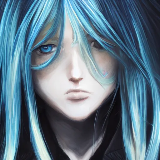 Image similar to full face shot of rimuru tempest, sky blue straight hair, long bangs, with amber eyes, wearing a fancy black jacket, high collar, ultra detailed, brush strokes, digital painting, cinematic, wlop artstation, closeup, pixiv, eerie, scary, intimidating glare, evil, yoshitaka amano, junji ito,