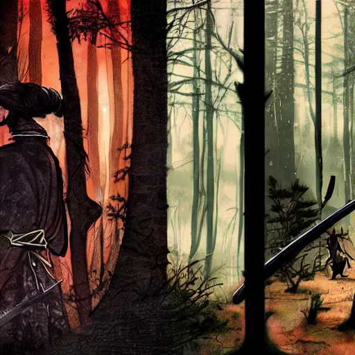 Image similar to lost in the deep dark woods, story of little red riding hood as a samurai, evil wolf with samurai sword, future tokyo, cyberpunk old style, Japanese tattoos, old fairy tale, atmospheric background, third person view