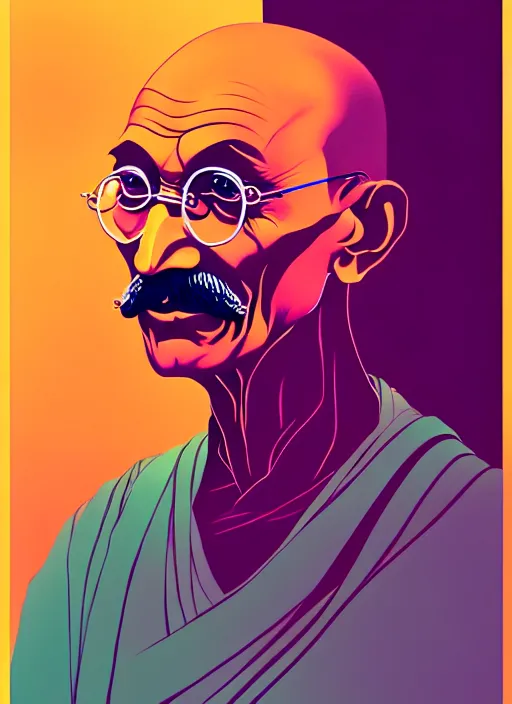 Prompt: portrait of mahatma gandhi, artstation winner by victo ngai, kilian eng and by jake parker, by conrad roset, swirly vibrant color lines, winning award masterpiece, fantastically gaudy, aesthetic octane render, 8 k hd resolution