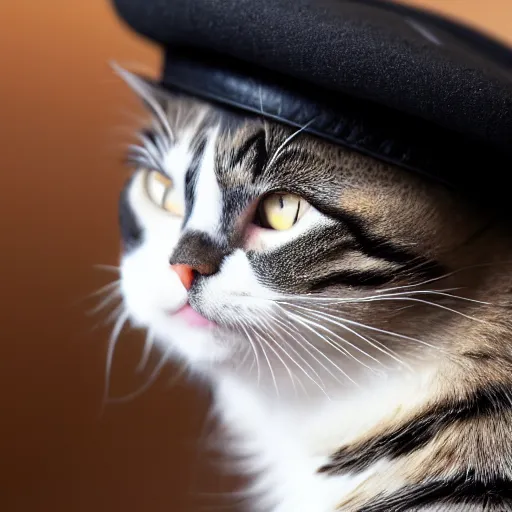 Prompt: a cat wearing a black leather hat, frontal view, cool looking