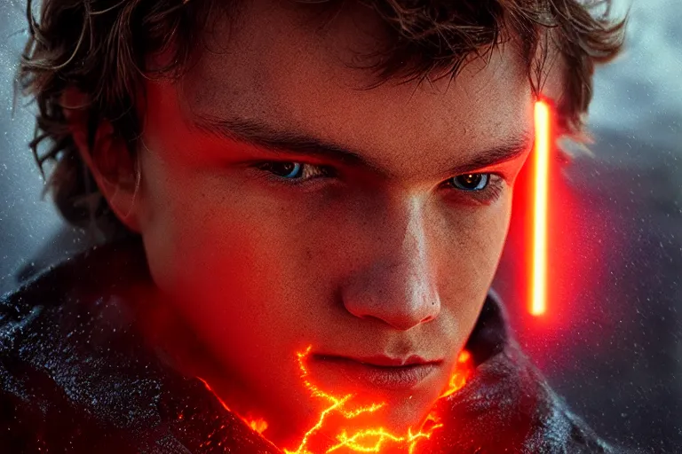 Prompt: an ultra realistic, cinematic, headshot portrait, of anakin skywalker, fire, facial features, background of a lava river, with rain and lightning, detailed, deep focus, movie still, dramatic lighting, ray tracing, by michal karcz and yoshitaka amano