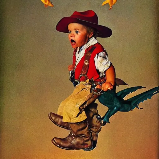 Prompt: A toddler dressed like a cowboy riding a pterodactyl, Norman Rockwell Painting