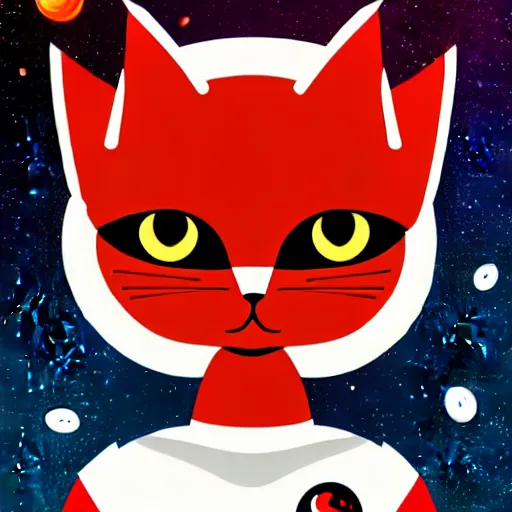 Prompt: A serious-looking red cat wearing a space-suit, the background is inspired by two colliding galaxies, e-sports logo vector