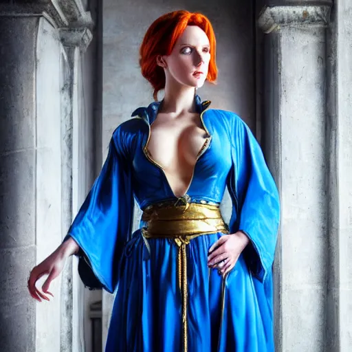 Prompt: Triss Merigold cosplay, beautiful ornate blue and gold robe, golden ornamental leaf shaped festoon, warmly lit posh study, cinematic dramatic lighting, gorgeous young female supermodel, highly detailed