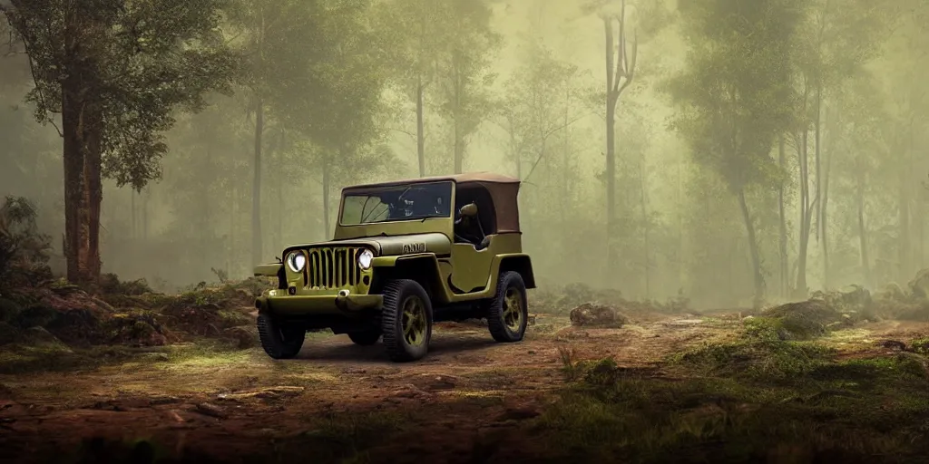 Image similar to willys jeep, in kerala forest road in 1921, chasing action scene, an epic fantasy, dramatic lighting, cinematic, establishing shot, extremely high detail, photorealistic, cinematic lighting, matte painting, artstation, by simon stalenhag, horizon forbideen west