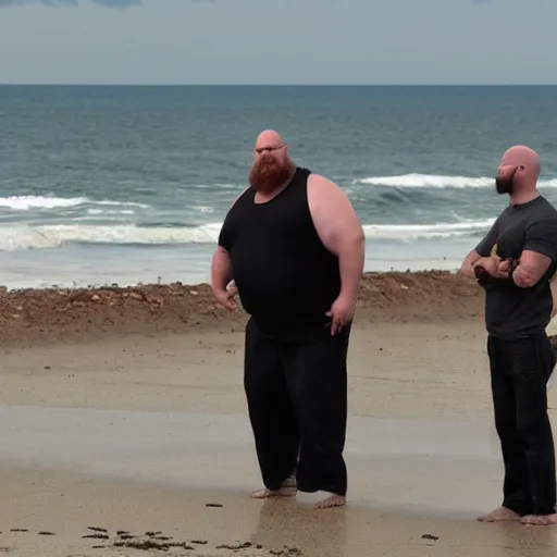 Image similar to obese ethan van sciver with a bald head and grey trimmed beard has washed up on a beach, horrified onlookers gasp