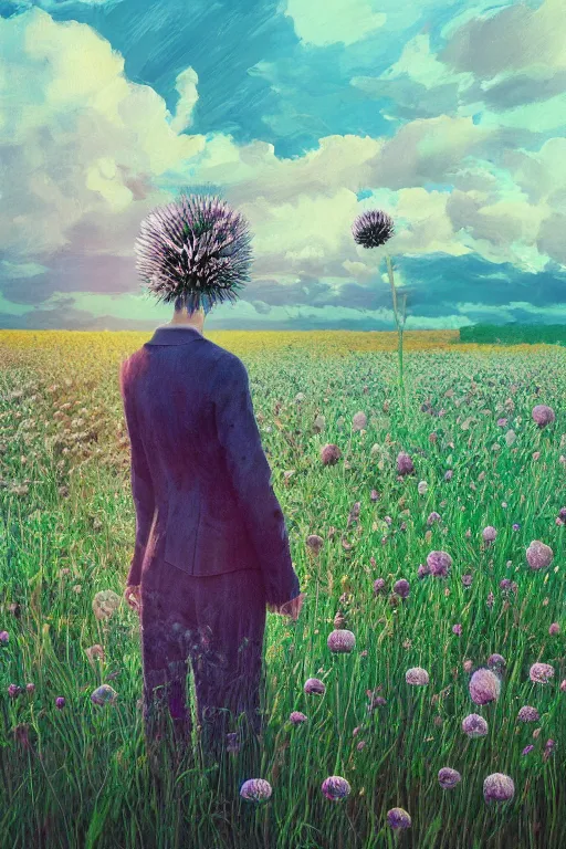 Prompt: portrait, giant thistle flower under head, a girl in suit in field of flowers, surreal photography, sunrise, blue sky, dramatic light, impressionist painting, digital painting, artstation, simon stalenhag