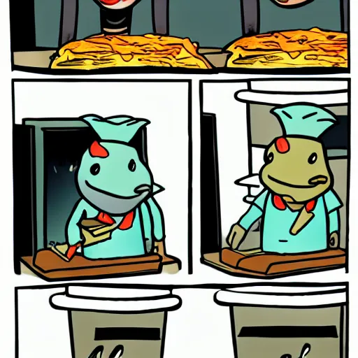 Prompt: comic cute platypus on a kitchen wearing a chef hat and holding a lasagna into an oven, comic style