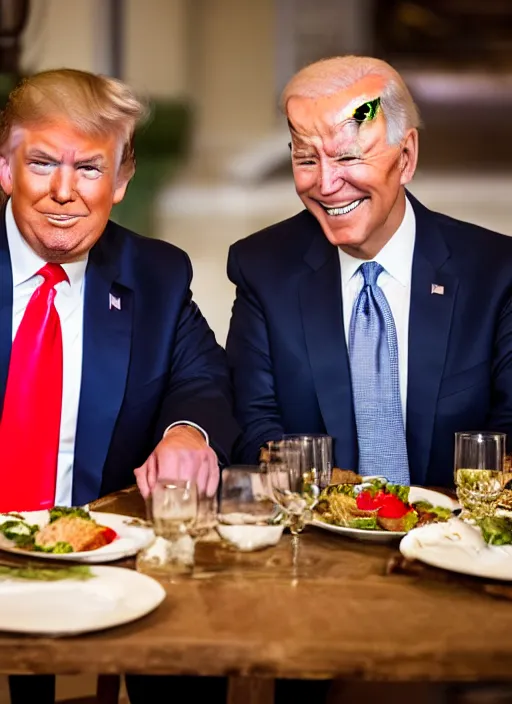 Image similar to Trump and Biden having dinner at a fancy Balinese restaurant, award winning photography, sigma 85mm Lens F/1.4, perfect faces