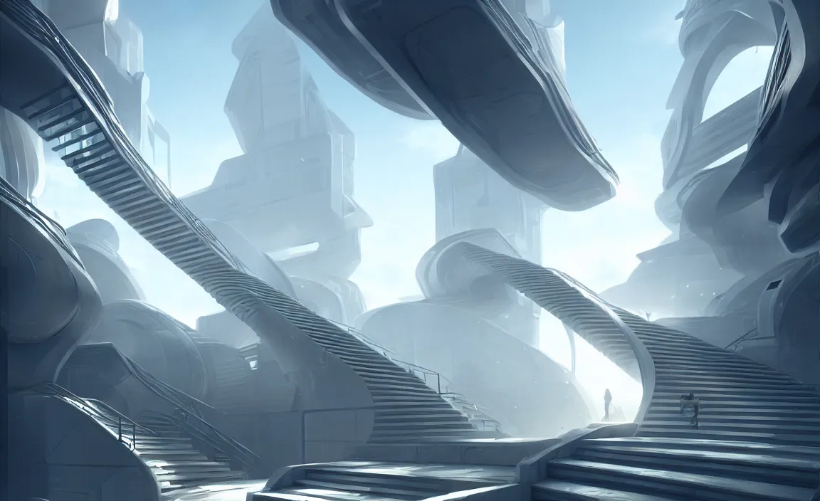 Image similar to long stairs to huge white buildings, sunshine, futuristic. game cg, hyperdetailed, trending on cgsociety