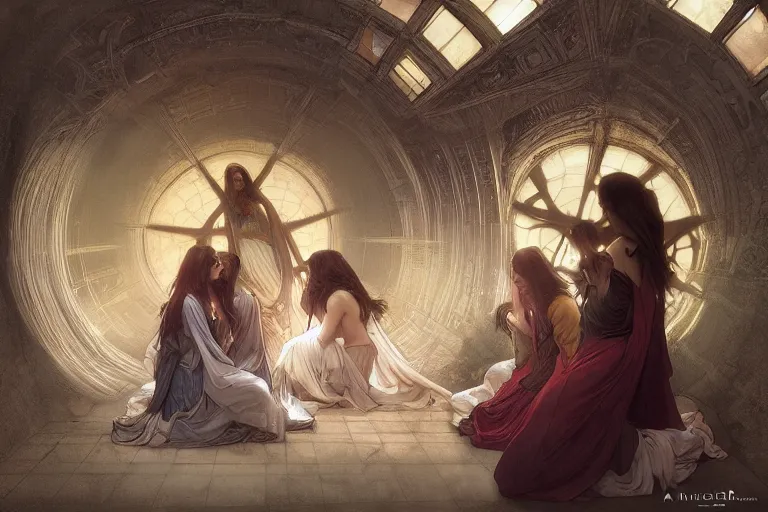 Image similar to inside a tomb, dark scene, light coming in from the left, 3 women crouching in colored robes, 2 angels with feathered wings | medium close | fibonacci composition, by artgerm, greg rutkowski, alphonse mucha