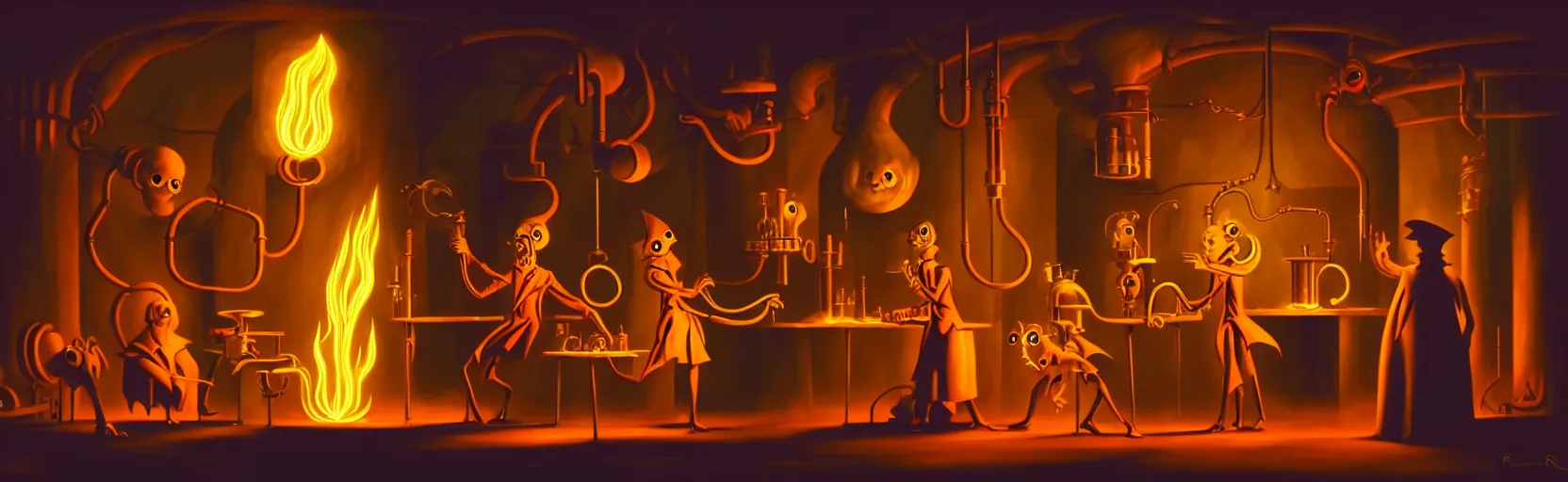 Image similar to uncanny alchemist monsters in a fiery alchemical lab, dramatic lighting, surreal 1 9 3 0 s fleischer cartoon characters, surreal painting by ronny khalil