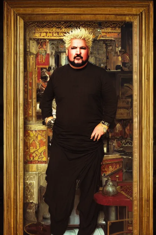 Image similar to guy fieri, orientalist intricate portrait by john william waterhouse and edwin longsden long and theodore ralli and nasreddine dinet, hyper realism, dramatic lighting