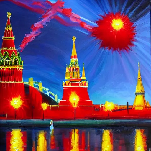 Prompt: vladimir putin, painting a painting of happy little hydrogen nuclear explosion in moscow red square, intricate, highly detailed, smooth, artstation,