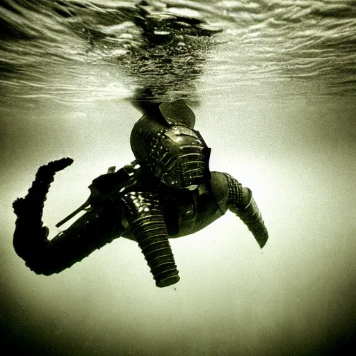 Image similar to Close up underwater photo of a medieval knight by Trent Parke, clean, detailed, Magnum photos