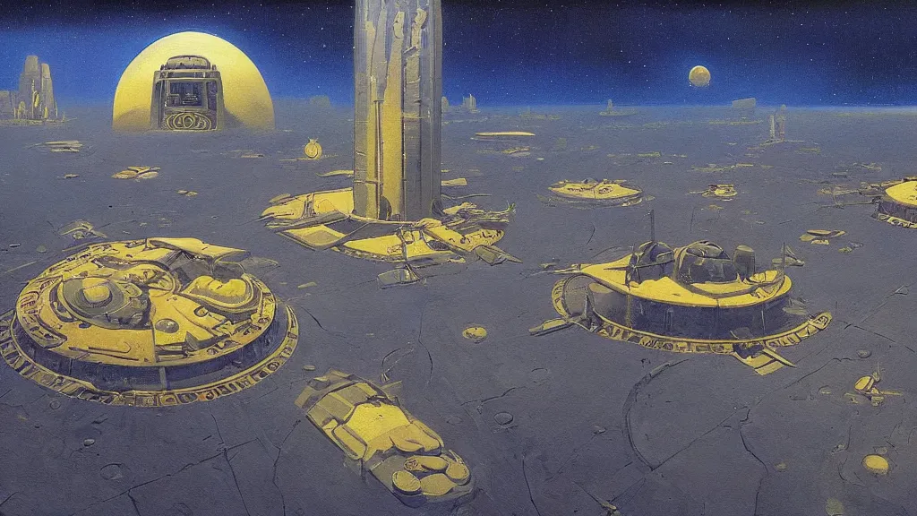 Image similar to a painting in the style of chesley bonestell and in the style of francois schuiten.