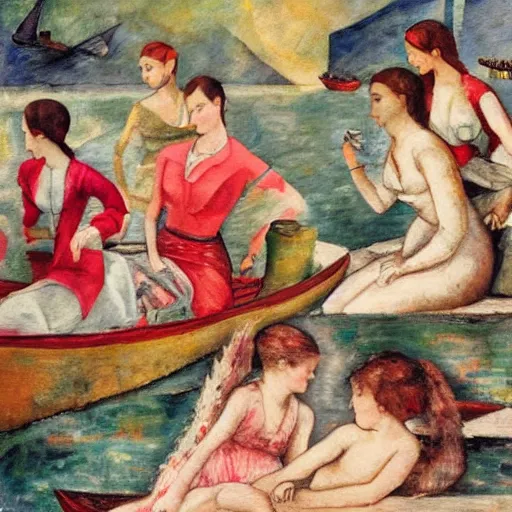 Image similar to rich details red by max weber. the collage of a group of well - dressed women & children enjoying a leisurely boat ride on a calm day. the women are chatting & laughing while the children play with a toy boat in the foreground.