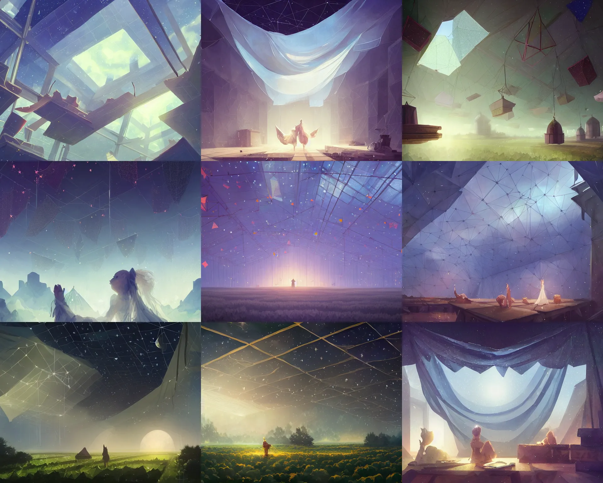 Prompt: polygonal farm fields with giant walls and glass ceilings showing the stars and hanging silk drapery and tapestries, light dust, magnificent, close up, details, sharp focus, elegant, highly detailed, illustration, by Jordan Grimmer and greg rutkowski and PiNe(パイネ) and 薯子Imoko and 香川悠作 and wlop and maya takamura, intricate, beautiful, Trending artstation, pixiv, digital Art