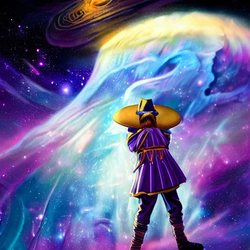 Prompt: artwork of wizard, white beard, with purple hat with a golden line across his hat whilst in space, on the right side of a distant planet nebula floating behind the planet, lens zoomed in, ethereal motion blur focusing on the wizard, 8 0's dungeons and dragons card artwork