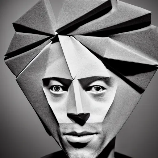 Image similar to an origami portrait of a caucasian man with wavey short hair, made from paper, friedly smile, raised eyebrows, great composition, ambient light