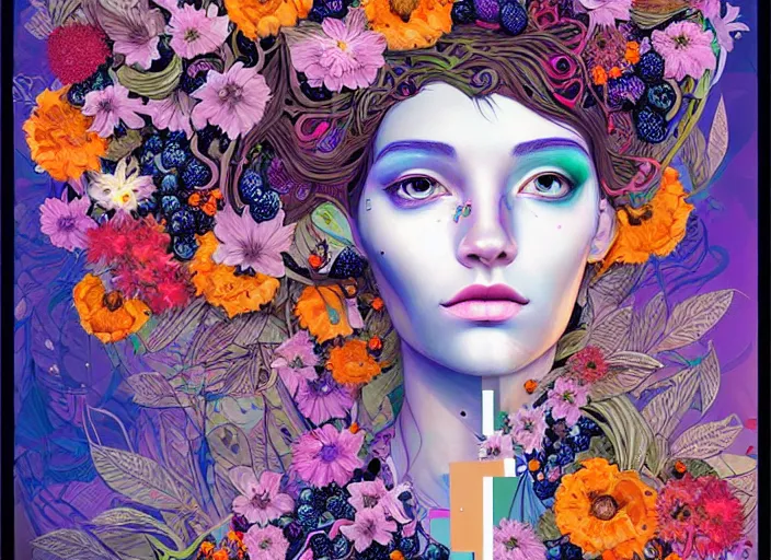 Image similar to a painting of a beautiful cyborg girl with a lot of flowers and blueberries and exotic plants on its head, poster art by android jones, behance contest winner, generative line art, made of flowers, grotesque, concert poster