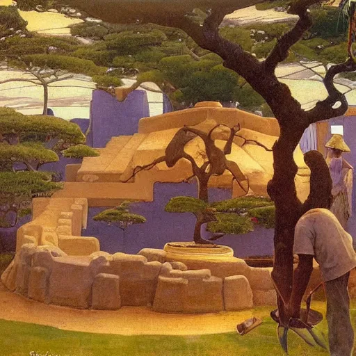 Image similar to Old African gardener cutting bonsai trees, isyllic Garden, by Annie Swynnerton and Nicholas Roerich and jean delville, glowing paper lanterns, strong dramatic cinematic lighting , ornate tiled architecture, lost civilizations, smooth, sharp focus, extremely detailed