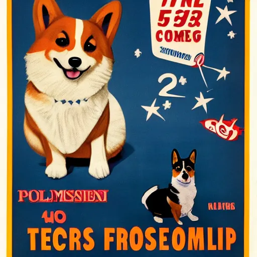 Image similar to a teaser poster of an american sitcom from the 50s, the protagonist is a corgi dog, 1950, poster