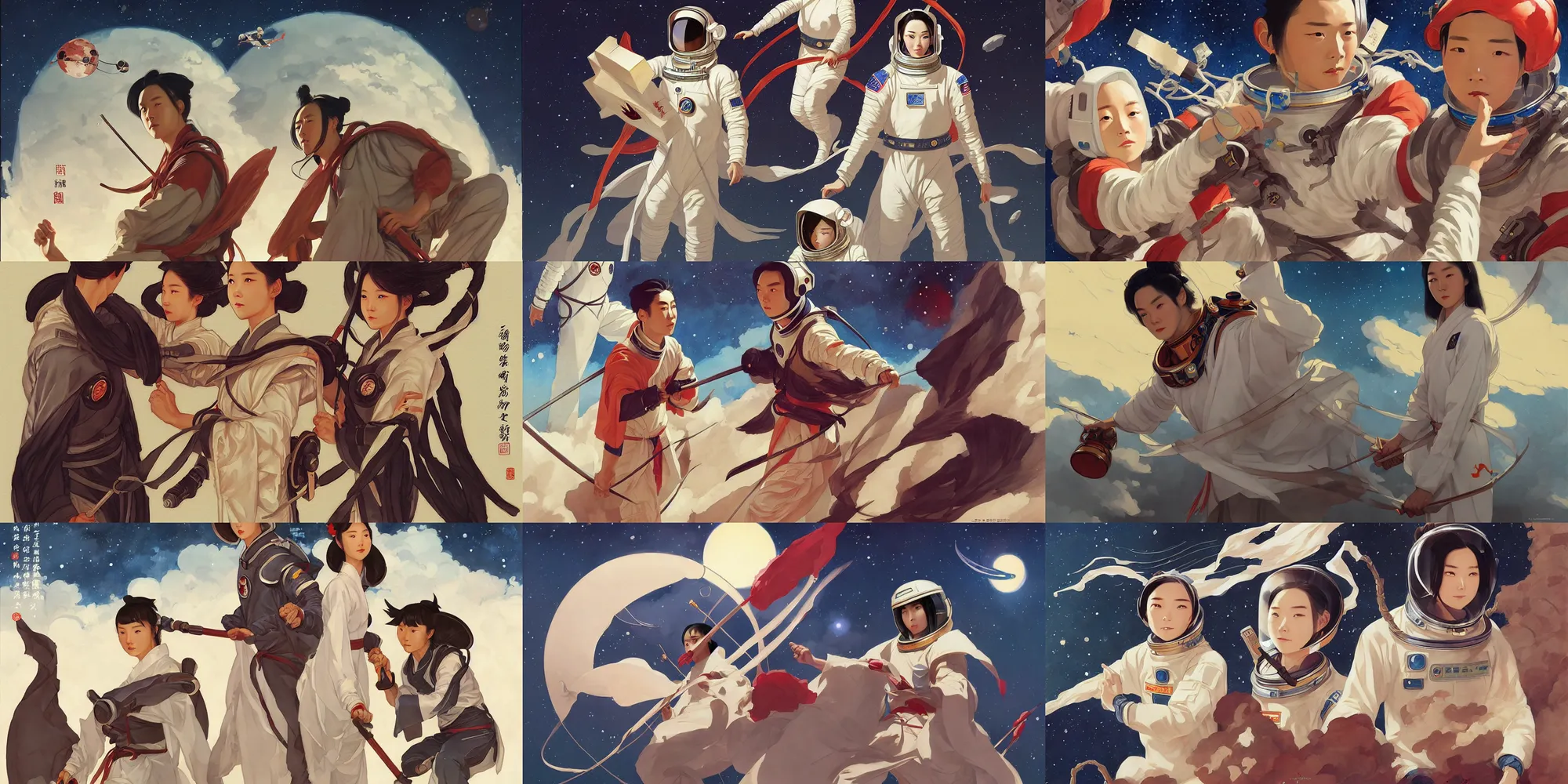 Prompt: wuxia, astronaut, in the style of studio ghibli, j. c. leyendecker, greg rutkowski, artem