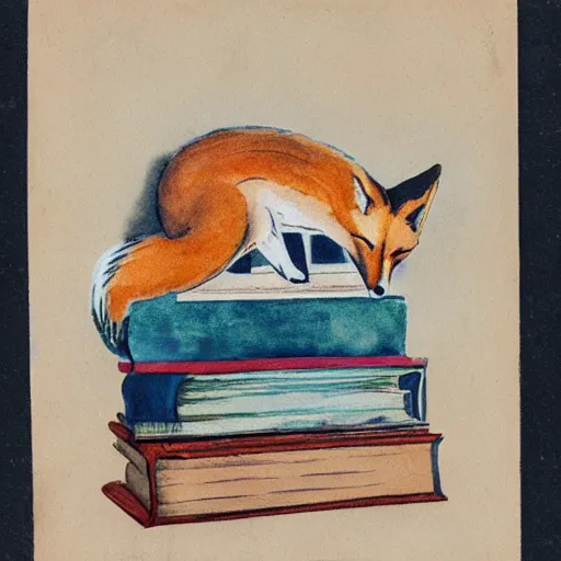 Prompt: fox sleeping on a pile of books, watercolors, 1 9 3 0