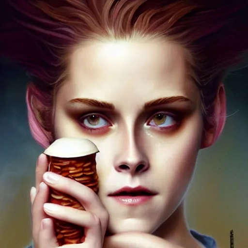 Image similar to portrait of Kirsten Stewart eatkng bananas, extra onions and ketchup, luscious patty with sesame seeds, feminine ethereal, handsome, D&D, fantasy, intricate, elegant, highly detailed, digital painting, artstation, concept art, matte, sharp focus, illustration, art by Artgerm and Greg Rutkowski and Alphonse Mucha