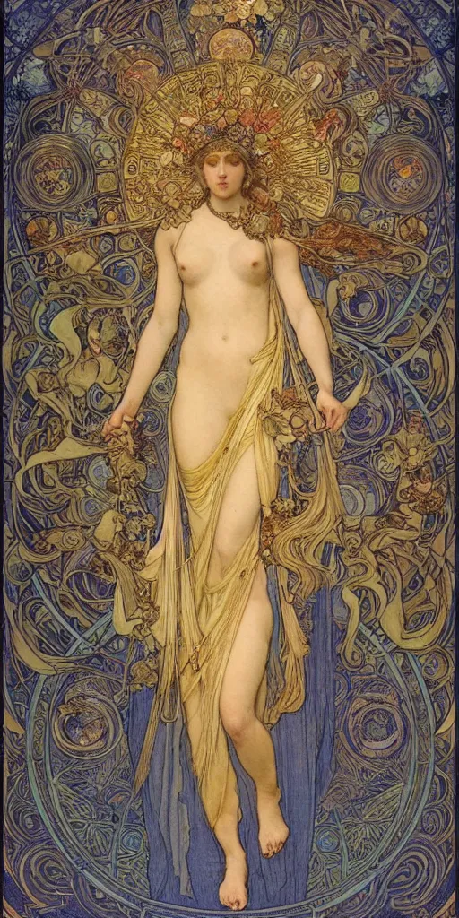 Image similar to saint woman, venus, athena, queen, by alphons mucha and annie swynnerton and jean delville, strong dramatic cinematic lighting, ornate headdress, flowing robes, spines, flowers, stars, lost civilizations, smooth, sharp focus, extremely detailed, blue marble, obsidian, gold, space