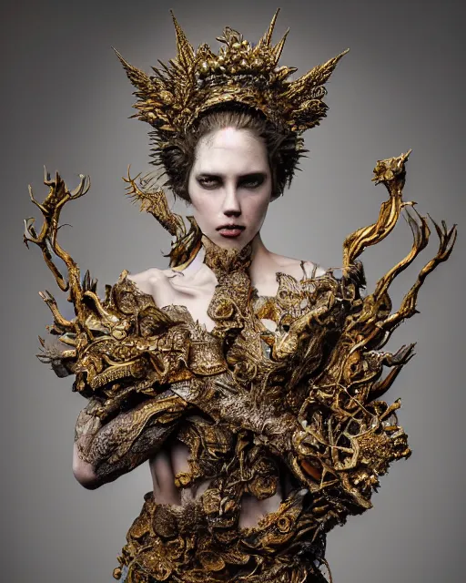 Image similar to a portrait of female by stefan geselle and nekro borja, photorealistic, intricate details, hyper realistic, fantasy, elegant, baroque metal gold headpiece, photorealistic, canon r 3, photography, wide shot, symmetrical features, wide angle shot, head to toe, standing pose, feet on the ground, wearable art