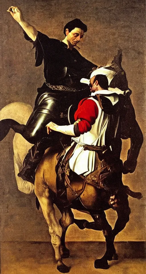 Prompt: a portrait of a Mario Draghi on horse and sword in hand, oil painting in a renaissance style , very detailed, painted by Caravaggio.