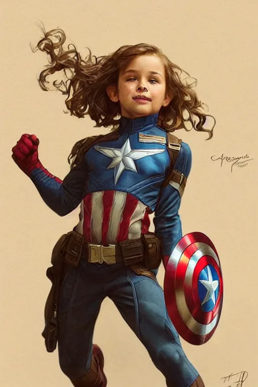 Image similar to a little girl with a mischievous face and short!! light brown curly wavy hair. she is dressed as captain america, spider - man, batman, captain marvel, a superhero. clean elegant painting, beautiful detailed face. by artgerm and greg rutkowski and alphonse mucha