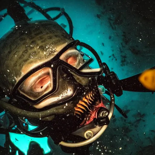 Image similar to scuba diver underwater in darkness surrounded by teeth-like nightmares in the dark, cinematic, 4k,