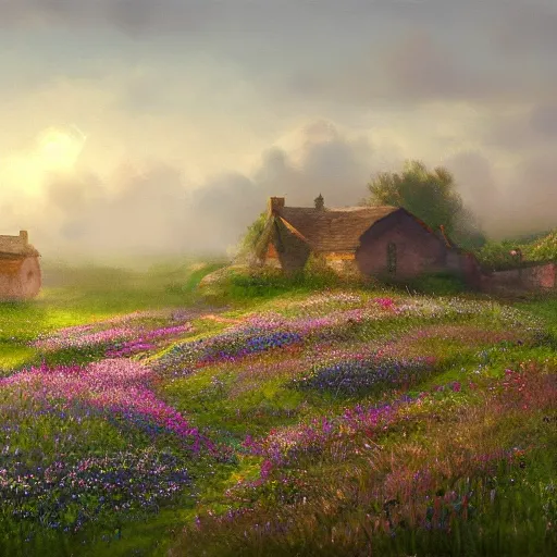 Prompt: a matte painting of a european prairie, cottages, foggy, patchy flowers, oil painting, pale colors, high detail, 8 k, wide angle, trending on artstation,