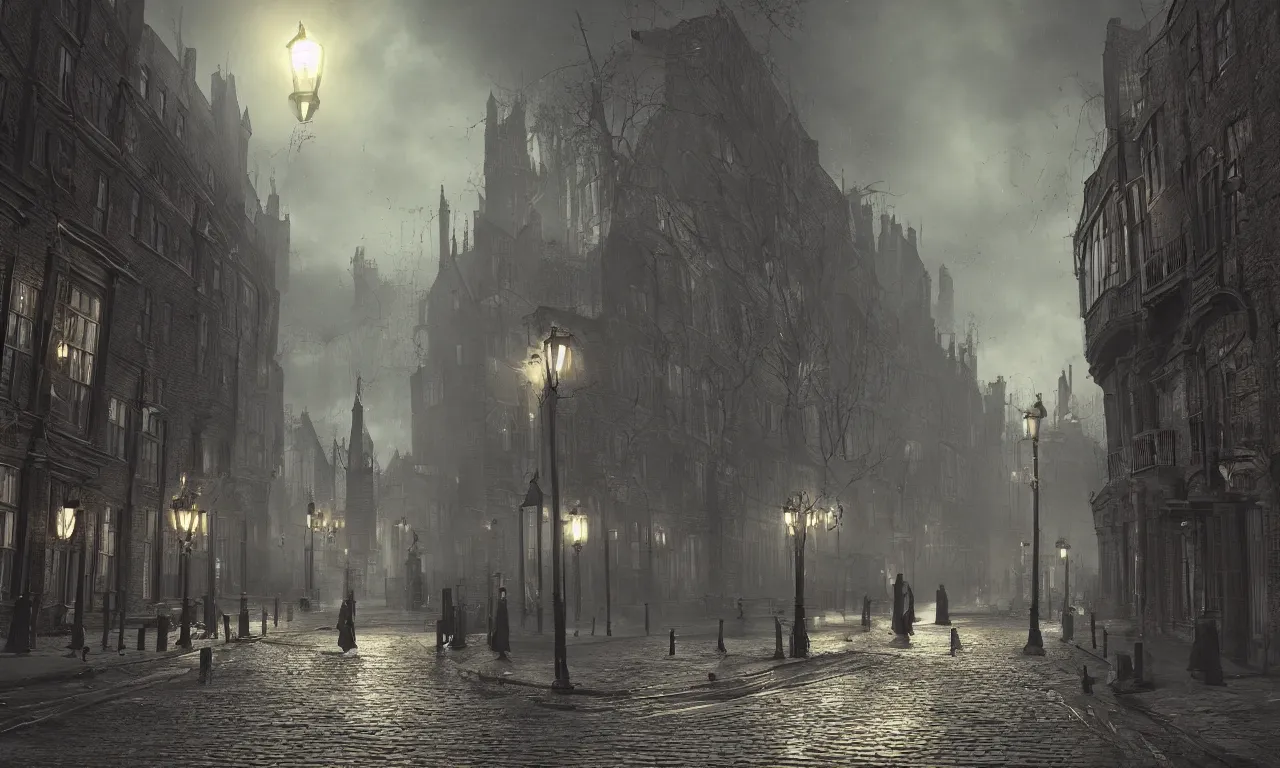 Prompt: a street of 19th century london at night, lamps illuminating the street, in the style of Bloodborne