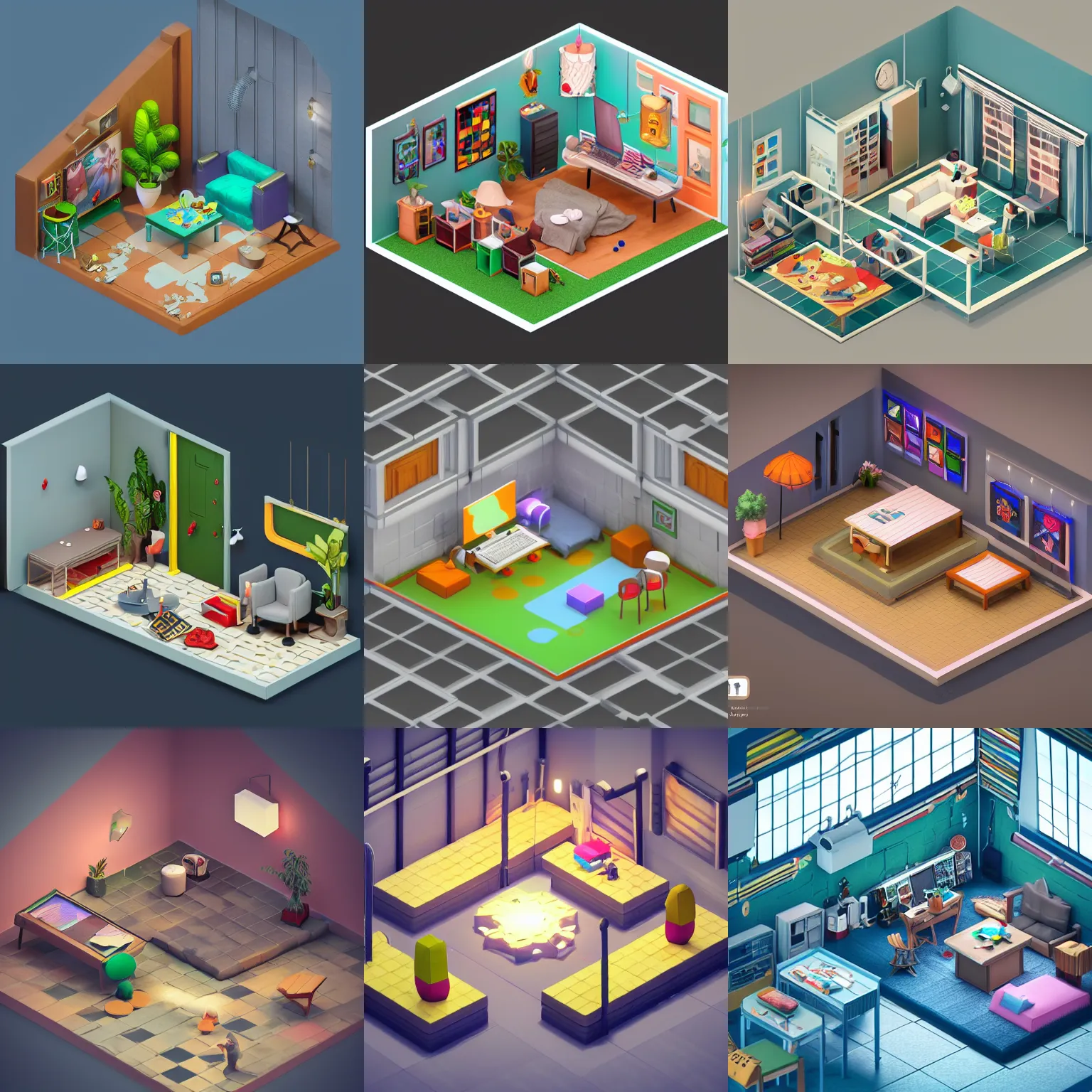 Prompt: isometric game art room indoor, trending on artstation, cute, Mohamed Chahin style, vray render with ambient lights and volume 4k