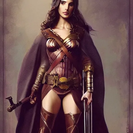 Image similar to highly detailed steampunk gal gadot standing, cape, staff : leonardo da vinci, greg rutkowski, magali villeneuve