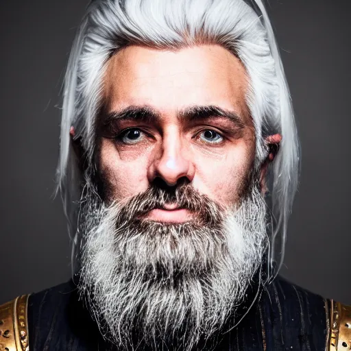 Prompt: Portrait Photography of a Middle-aged man with white hair,beard shadow, ponytail, medieval cotton clothes with leather full body armor