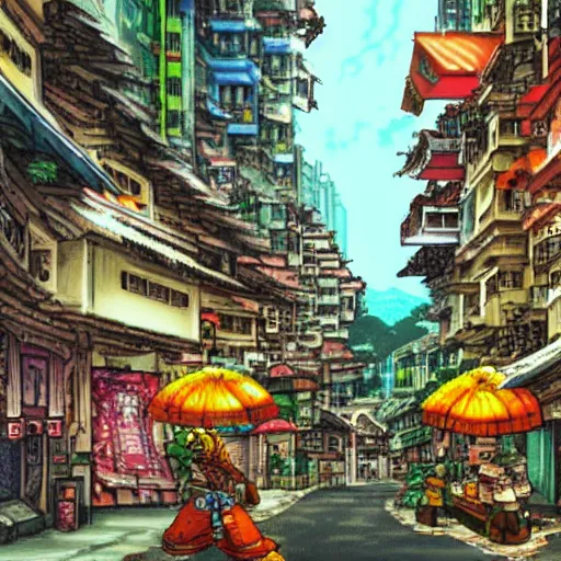 Image similar to streets in hong kong, legend of mana art style