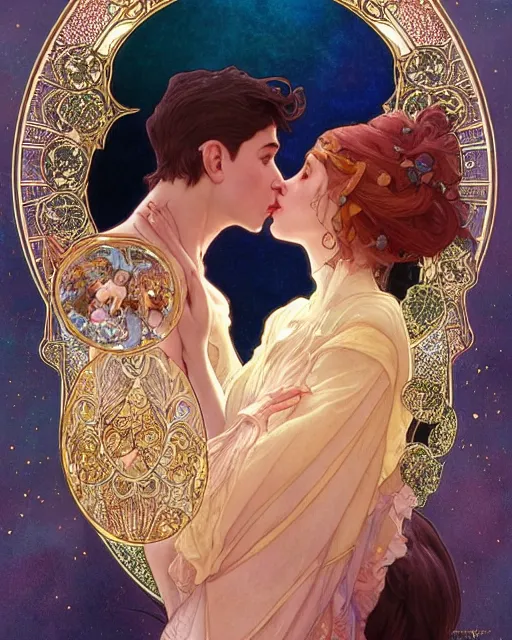 Image similar to the kiss | highly detailed | very intricate | art nouveau | gold filigree | romantic storybook fantasy | soft cinematic lighting | award - winning | disney concept art watercolor illustration by mandy jurgens and alphonse mucha and alena aenami | pastel color palette | featured on artstation