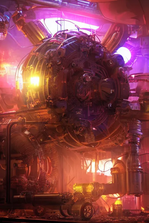 Prompt: a movie poster, name tripmachine, photo of a huge futuristic steampunk generator inside a steampunk machinery, 8 k, fluorescent colors, halluzinogenic, multicolored, exaggerated detailed, 3 d render, octane