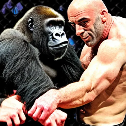 Image similar to joe rogan wrestling a gorilla in the dmt forest