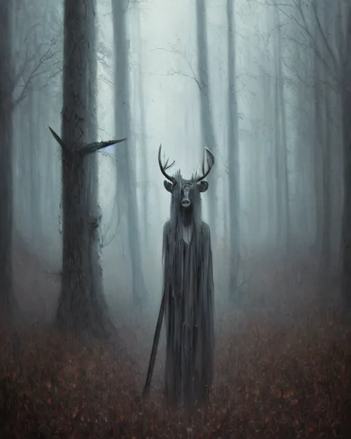 Image similar to oil painting of forest spirit made out of wooden sticks with a deer skull for a face, dark forest, fog, dark fantasy, gloomy, pale colors, by greg rutkowski