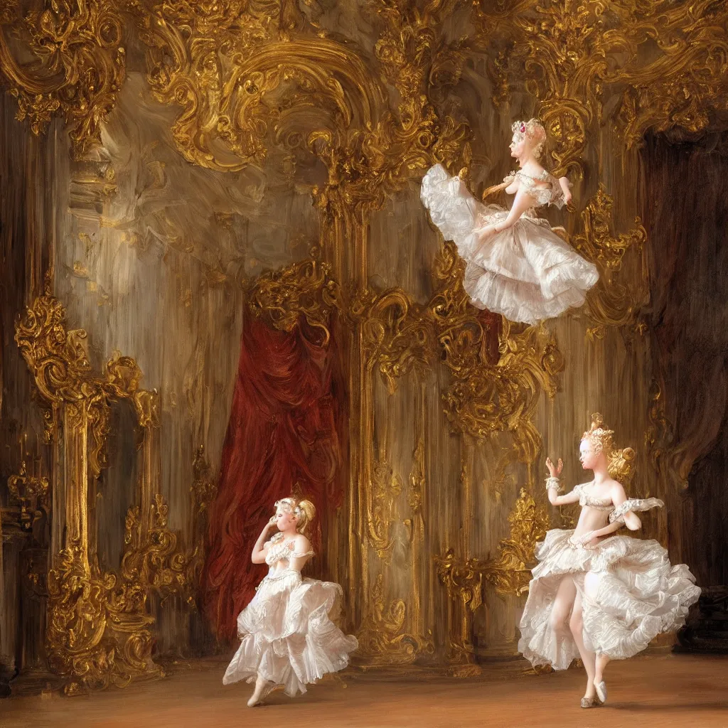 Prompt: a young girl with blond hair danced in the splendid palace, palace dance, dress in the style of rococo, dreamy, romantic, night lighting, highly detailed, expressive impressionist style, 8 k