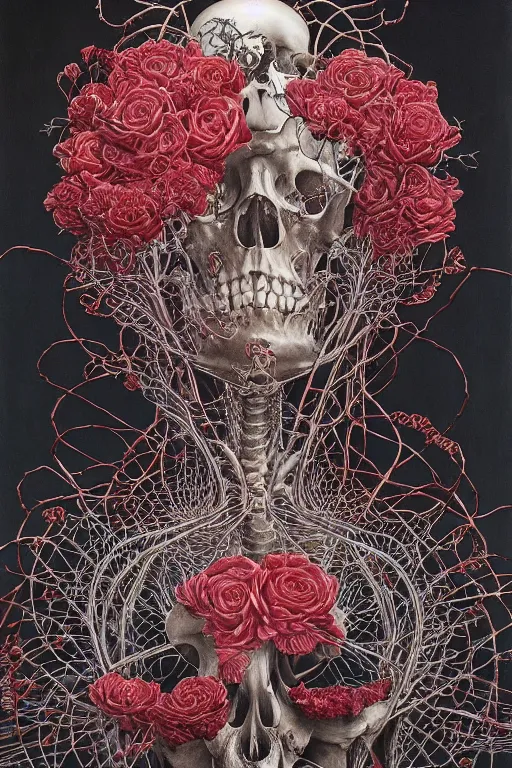 Prompt: roses growing from the skeleton frame, carol, by damien hirst and alexander mcqueen and peter gric and takato yamamoto and zdzisław beksinski and laurie lipton and victo ngai and esao andrews and paul lehr, trending on artstation