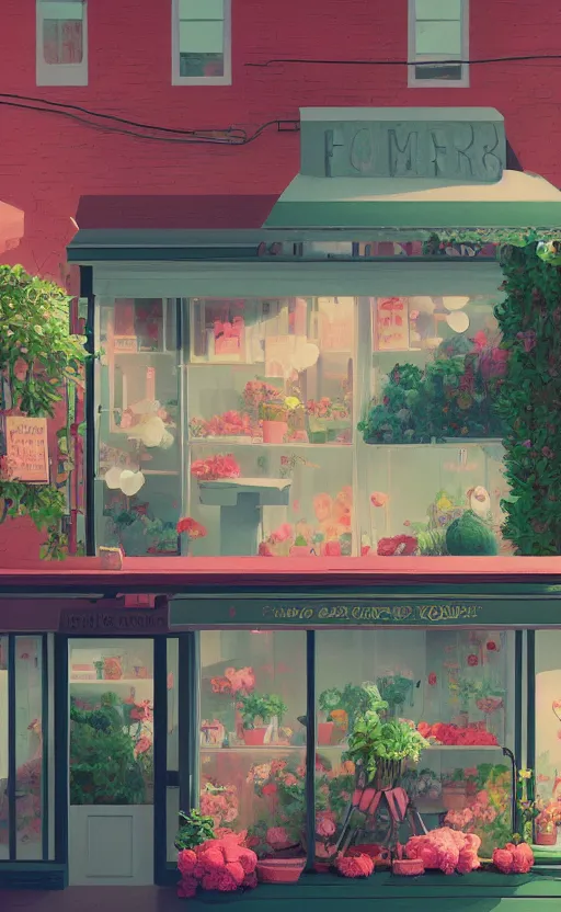 Prompt: cute cozy florist store, surreal cinematic illustration, by atey ghailan and escher and edward hopper