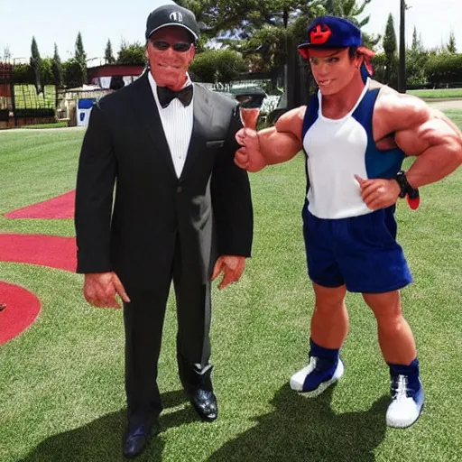 Prompt: Arnold schwarzenegger dressed up as Ash Ketchum, he is a pokemon trainer